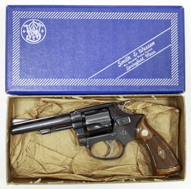 Smith & Wesson Five-Shot .38 S&W Revolver In Box: In box Smith & Wesson five-shot revolver in .38 S&W. The blue finish revolver is in great condition with a 4" barrel. The box is in nice complete condition, but is not original to the revolver. SN: 82
