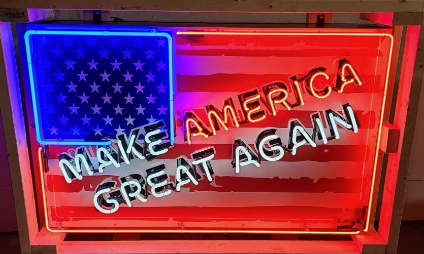Make America Great Again Custom Neon Sign: Here is a one of a kind custom neon American Flag with the Make America Great Again slogan on it. An awesome sign that is ready to be hung in any collection. The sign measures 30" x 48". The sign has 