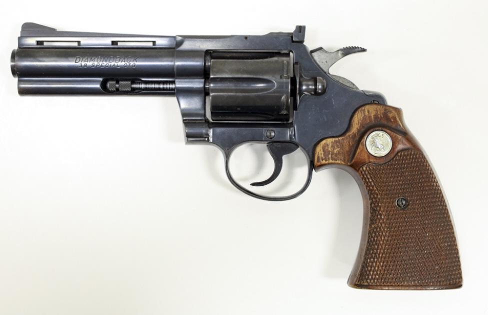 1969 Colt Diamondback 6-Shot .38 Spl. Revolver: 1969 Colt Diamondback six-shot revolver in .38 Special. The blued revolver is in nice condition and has a 4" vented barrel. SN: D32942. FFL required for transfer. (76-7)