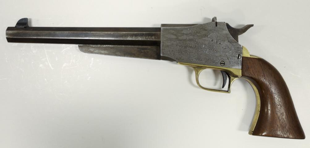 CVA .44 Cal. Single Shot Black Powder Pistol: Italian A.S.M. Connecuticut Valley Arms single shot percussion black powder pistol in .44 caliber. The working pistol is a copy of a Tingle Target pistol. The pistol is in nice condition with covered