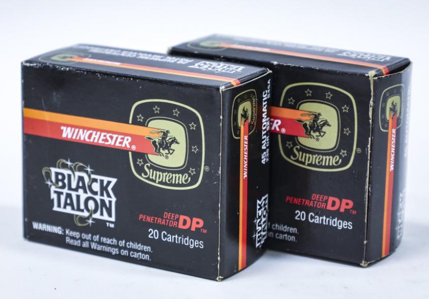 40 Rnds Winchester Black Talon 45 Auto Cartridges: 40 rounds of rare Winchester Supreme Black Talon 45 Automatic cartridges. Comes in two 20 round original boxes. 230 grain SXT hollow point Deep Penetrator.