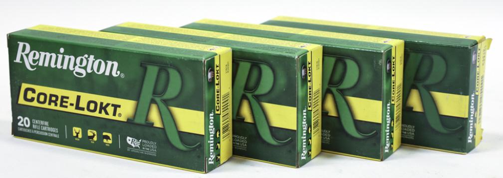 80 Rounds Remington 30-30 Win. Cartridges: 80 rounds of Remington Core-Lokt 30-30 Winchester cartridges. 150 grain SP. In the original 20 count boxes.