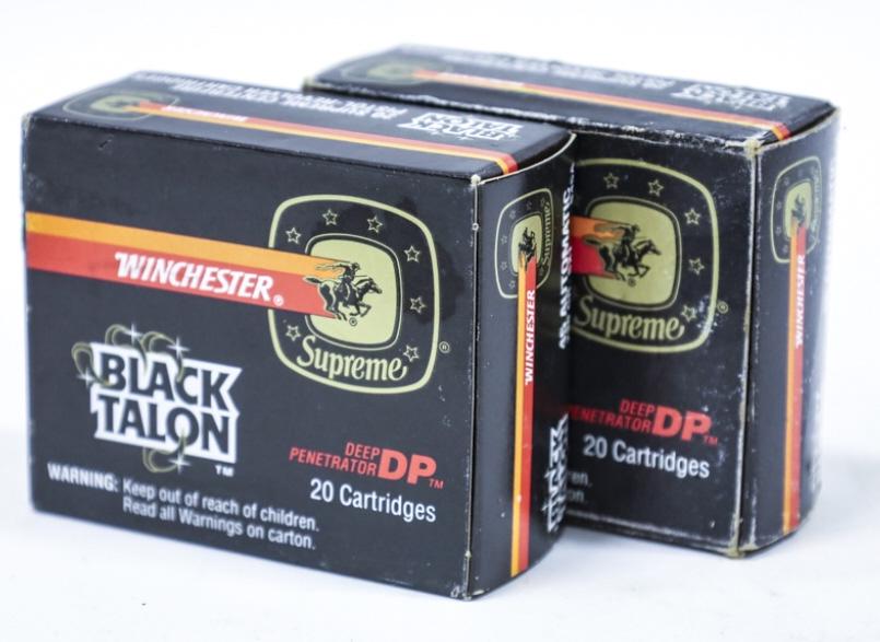 40 Rnds Winchester Black Talon 45 Auto Cartridges: 40 rounds of rare Winchester Supreme Black Talon 45 Automatic cartridges. Comes in two 20 round original boxes. 230 grain SXT hollow point Deep Penetrator.