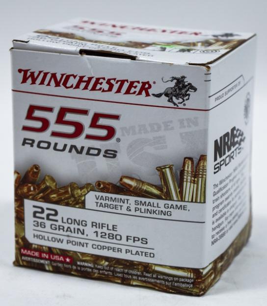555 Rounds Winchester .22 Long Rifle Cartridges: 555 rounds of Winchester .22 long rifle cartridges. 36 grain hollow point copper plated. Comes in original box.