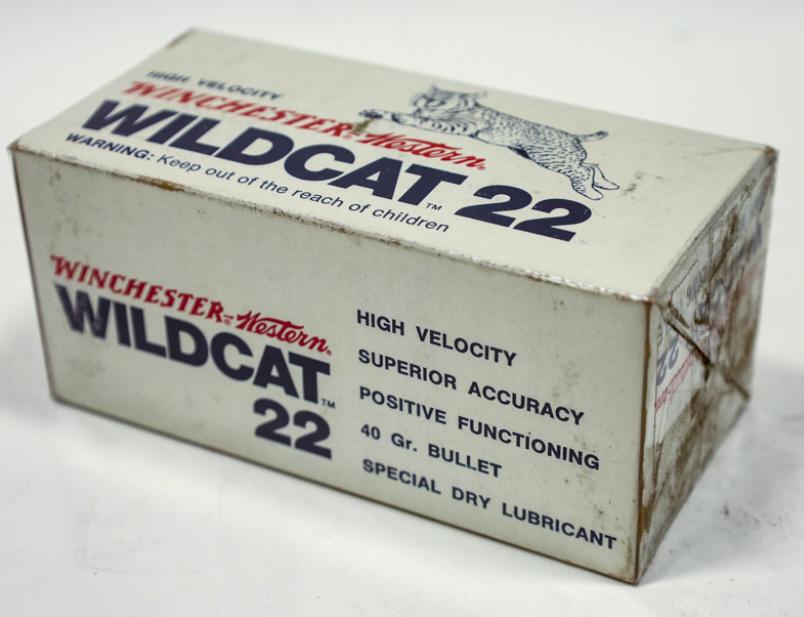 500 Rounds Winchester Wildcat 22 LR Cartridges: 500 round brick of Vintage Winchester-Western Wilcat 40 Grain .22 Long Rifle cartridges. Brick includes 10 fifty round boxes.