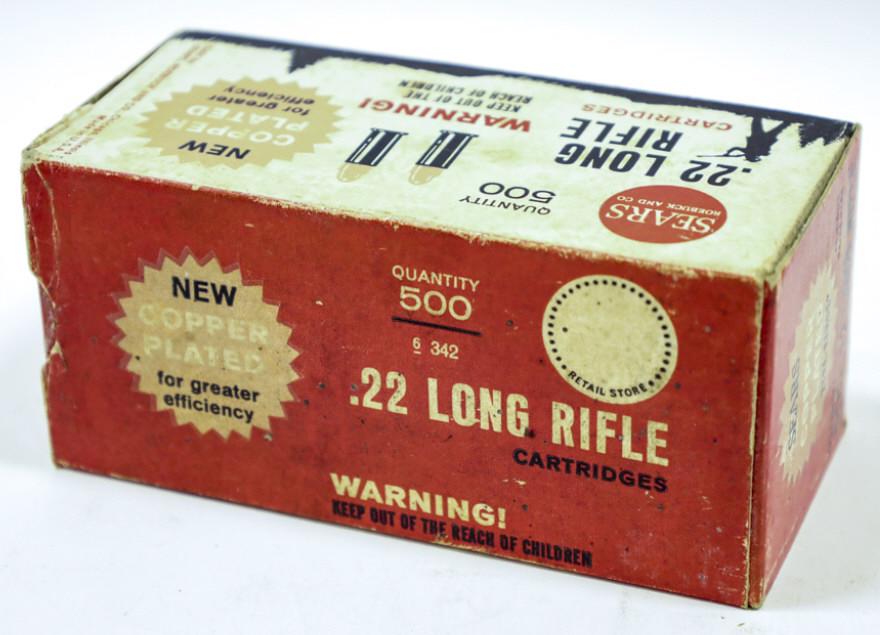 500 Rounds Vintage Sears 22 LR Cartridges: 500 round brick of Vintage Sears Copper-Plated Bullet Xtra-Range .22 Long Rifle cartridges. Brick includes 10 fifty round boxes.
