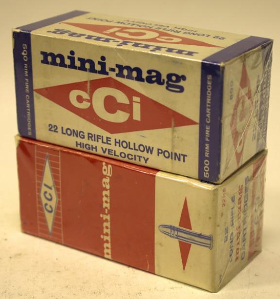 1000 Rnds Vintage CCI Mini-Mag .22 LR Cartridges: 1000 rounds of Vintage CCI Mini-Mag .22 Long Rifle cartridges. One brick Is Mini-Mag #22HS and the other brick is Mini-Mag High Velocity Hollow Point. Each brick contains 10 fifty round boxes.