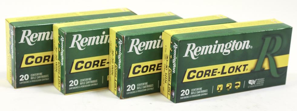 80 Rounds Remington 30-30 Win. Cartridges: 80 rounds of Remington Core-Lokt 30-30 Winchester cartridges. 150 grain SP. In the original 20 count boxes.