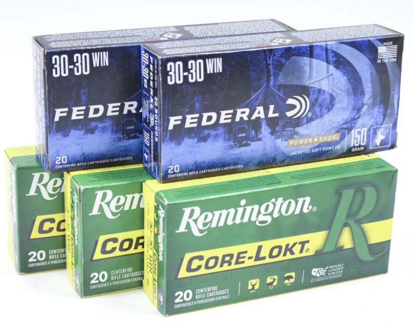 100 Rnds Remington & Federal 30-30 Win Cartridges: 100 rounds of Remington Core-Lokt & Federal PowerShok 30-30 Winchester cartridges. 150 grain SP. In the original 20 count boxes.