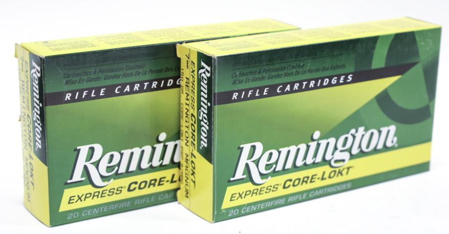 40 Rounds Remington Express 7mm Rem Mag Cartridges: 40 rounds of Remington Express Core-Lokt 7mm Rem Mag cartridges. Comes in two 20 count boxes. 150 grain PSP.