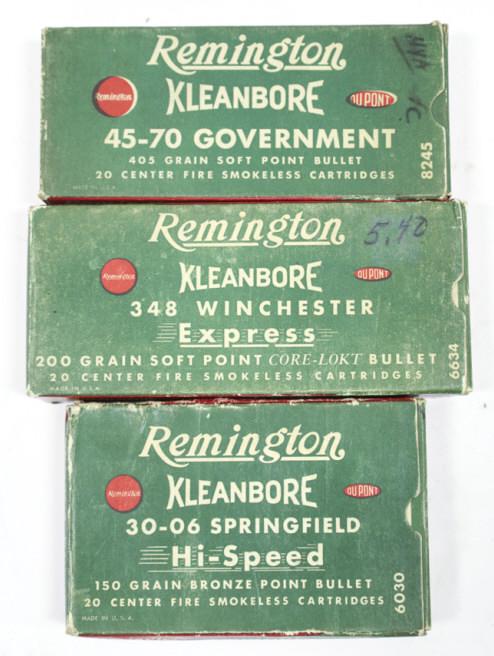 60 Rnds Mixed Caliber Vintage Remington Cartridges: 60 rounds of mixed caliber Remington Kleanbore cartridges. Lot includes (20) 30-06 Springfield 150 grain Bronze Point, (20) 348 Winchester 200 grain Soft Point Core-Lokt Express, and (20) 45-70 Govern