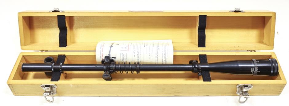 Lyman Super-Targetspot 15X Target Scope With Case: Like new in wood case vintage Lyman Super-Targetspot 15x target scope. The scope is in great condition with 3-point suspension mounts and paperwork. Measures 24-1/4" in length overall. Serial #27634.