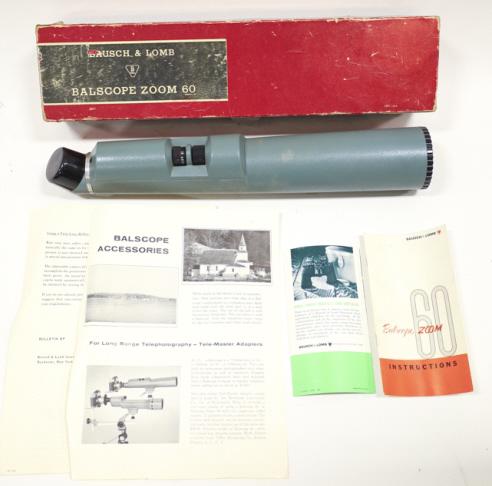 Bausch & Lomb Balscope Zoom 60X Spotting Scope NIB: Like new in the original box Bausch & Lomb Balscope Zoom 60X Spotting Scope/Telescope. The scope is in great condition with the lens caps and paperwork. Measures 16-1/2" in length overall. Serial #333