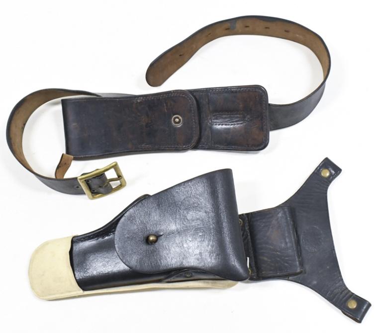 Vtg US Military M1911 45 Leather Holster & More: Vintage US military M1911 45 leather holster made by Warren Leather Goods Co, leather belt , and more. Belt is dated 1948. Set appears to be in good condition with discoloration and wear from use and 