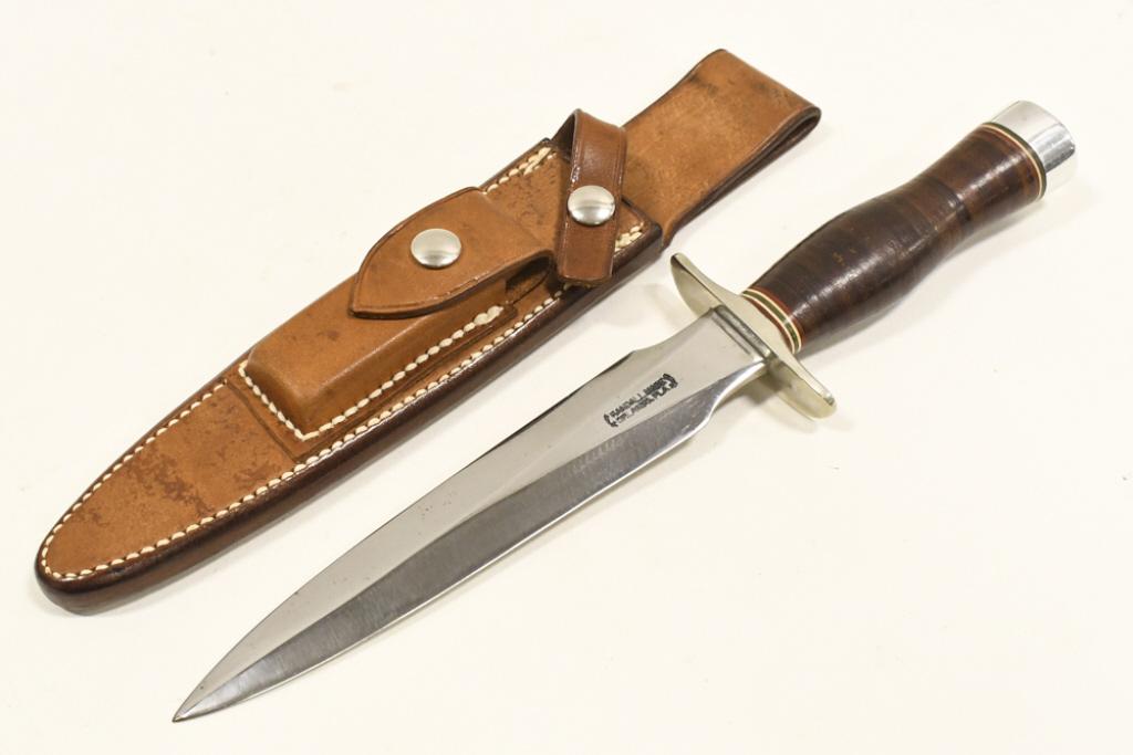 Randall Made Model 2 Fighting Stiletto Knife: Randall Made fixed blade model 2 fighting stiletto knife with Randall Made leather sheath. Appears to be in overall good condition with wear from use,storage, and age. Blade does have a custom engrave