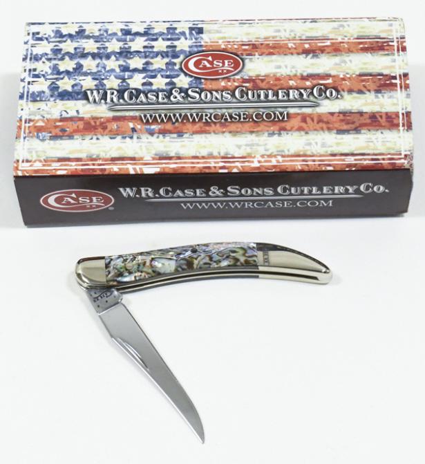 Case XX Abalone 810096 Toothpick Folding Knife: Case XX Abalone model 810096 Toothpick style folding knife in case. Appears to be in nice condition with light wear from storage. When closed it measures approximately 3" across.