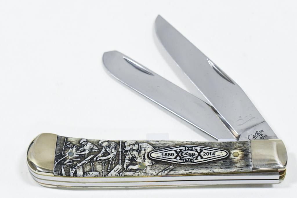 2014 Case XX 125th Anniv. Trapper Folding Knife: Limited edition 2014 Case XX 125th Anniversary natural bone Trapper folding knife model 6254 with laser engraved bone handle, collector's cigar style display box, COA, and original shipping box. Knife