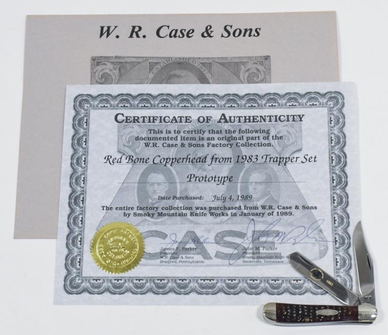 1983 Case XX Red Bone Copperhead Prototype Knife: 1983 Case XX Red Bone Copperhead prototype folding knife from the 1983 Trapper set, model no. 6249 with COA. Knife appears to be in very nice condition with light wear from age and storage. When close