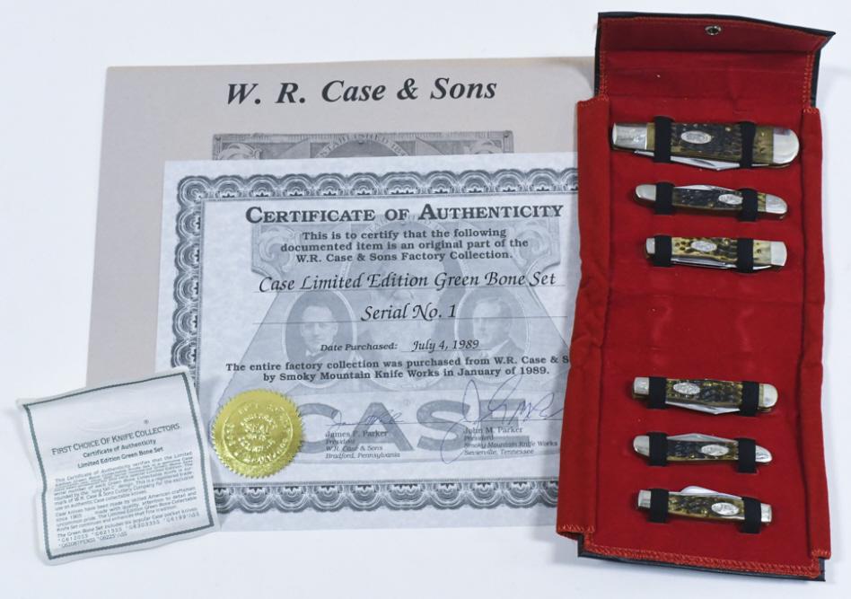 1988 Case XX Green Bone 6-Piece Knife Set: Original 1988 Case XX Limited Edition Green Bone 6-piece knife set. Set is in very nice condition with light wear from age and storage. Set includes model no. G63033 , no. G6120 , no. G6215G6199-1/2, 