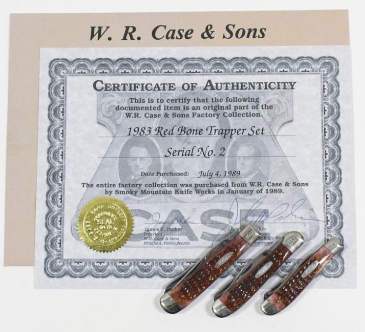 1983 Case XX Red Bone Trapper 3-Piece Knife Set: Original 1983 Case XX Red Bone Trapper 3-piece knife set. Set is in very nice condition with light wear from age and storage. Set includes model no. 6254, no.6249, and no. 6207. Also included is origi