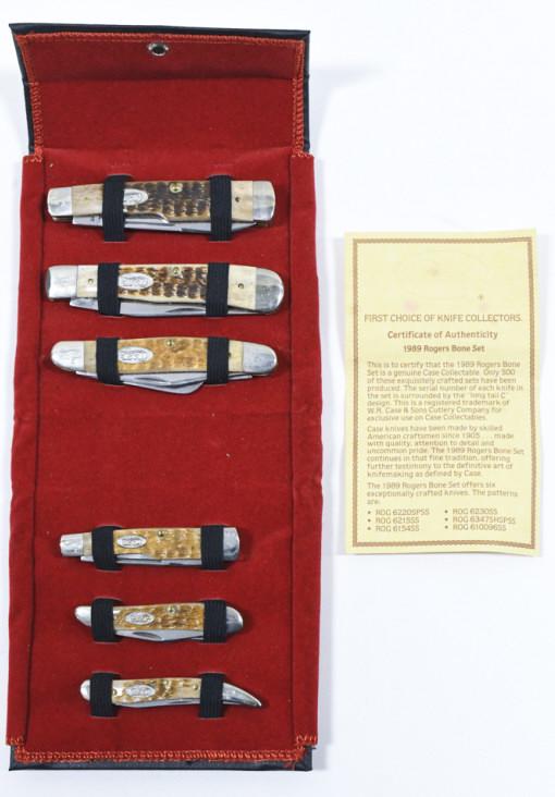1989 Case XX Rogers Bone 6-Piece Knife Set: Original 1989 Case XX Rogers Bone 6-piece knife set. Set is in very nice condition with light wear from age and storage. Set includes model no. 6220SP, no. 6215, no. 6154, 6230, 6347SHSP, and no. 6100