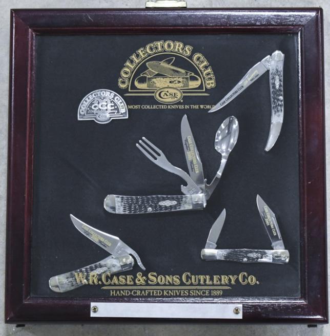 2001 Case XX Collectors Club Knife Collection: Lot of four 2001 Case XX Collectors Club folding knives with Case Collectors club glass / wood display case. Lot includes a 20th Anniversary model 610094 folding knife, Regular Member model 6354 foldi