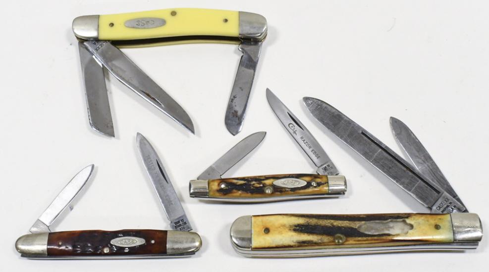 (5) Vintage Case XX Folding Knives: Lot of five vintage Case XX folding knives. Lot includes model numbers 06263, no.3318, no. 52019 , and no. 5233. Knives vary in age and condition. When closed the largest measures approximately 4-1/8"