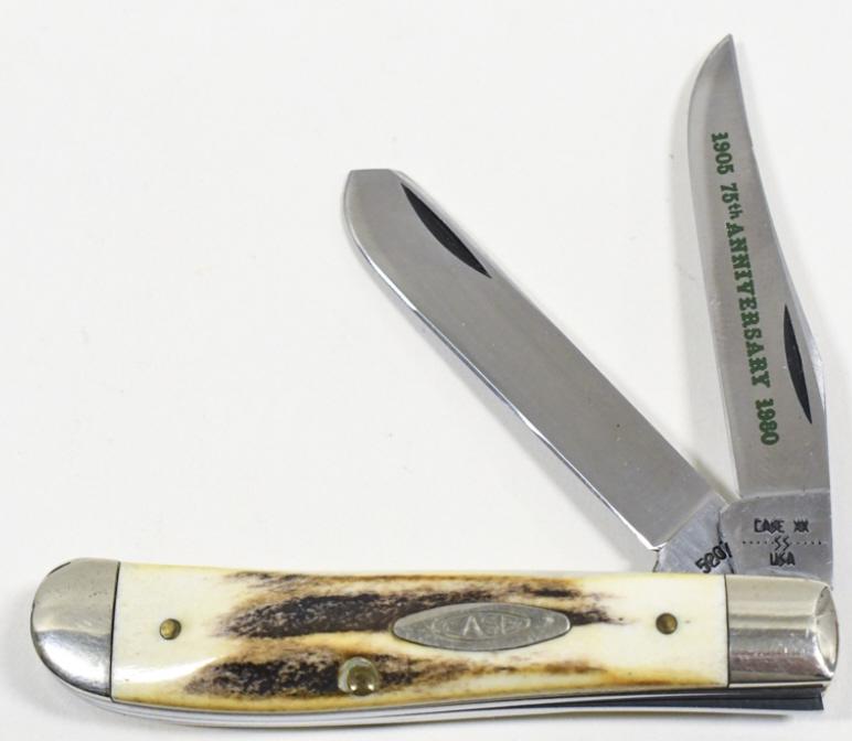 1980 Case XX 5207 75th Anniv. Folding Knife: 1980 Case XX 75th Anniversary MIni Trapper style model 5207 folding knife. Knife appears to be in good condition with light wear from age and storage. When closed it measures approximately 3-1/2" acro