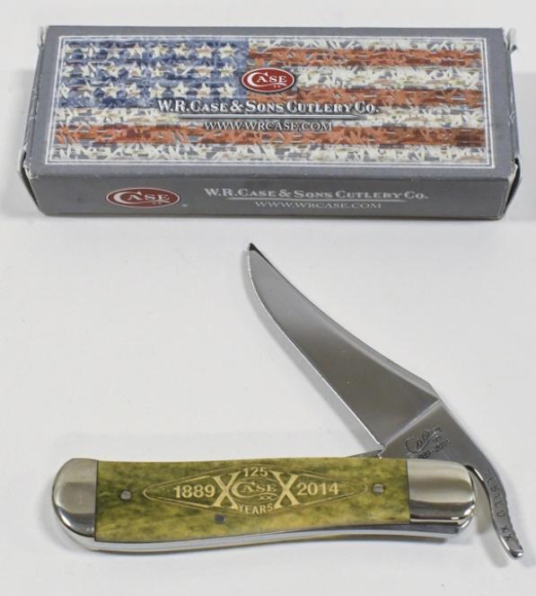 2014 Case XX 61953L Russlock Folding Knife w Box: 2014 Case XX 125th Anniversary Russlock style folding knife model 61953L with box. . Appears to be in nice condition with light wear from use and storage. When closed it measures approximately 4-1/8"