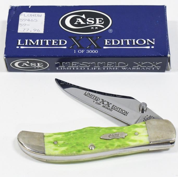 Case XX 61265LC Folding Knife w/ Box: Case XX limited edition folding knife model no. 61265LC with Key Lime Green bone handle and box. Appears to be in nice condition with light wear from use and storage. When closed it measures approxima