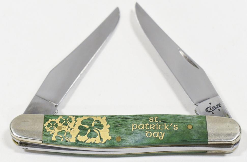 Case XX Muskrat St. Patrick's Day Folding Knife: Case XX St. Patrick's Day edition Muskrat style folding knife . Knife appears to be in nice condition with light wear from use and storage. When closed it measures approximately 3-7/8" across.