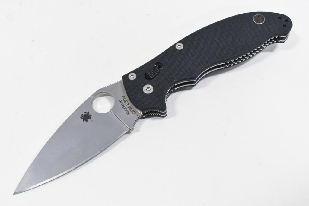 Spyderco CPMS30V Tactical Folding Knife: Spyderco brand model CPMS30V tactical folding knife. Knife is in nice condition with light wear from use. When folded it measures approximately 4-5/8" across.