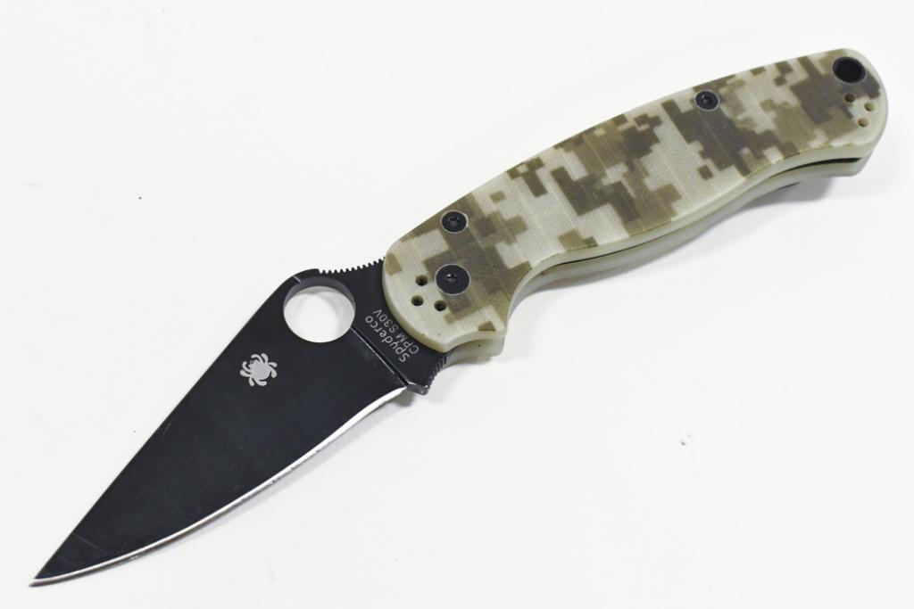 Spyderco CPMS30V Tactical Folding Knife: Spyderco brand model CPMS30V tactical folding knife. Knife is in nice condition with wear from use. When folded it measures approximately 4-3/4" across.