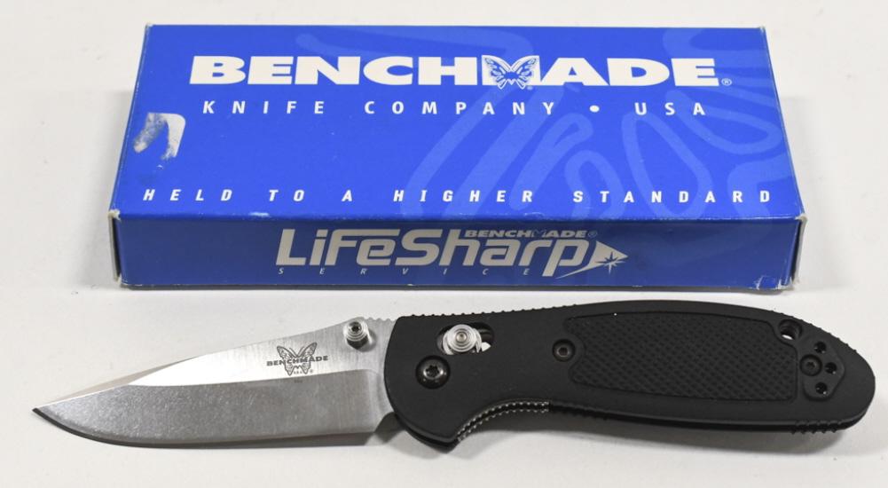 Benchmade Mini-Griptilian MDP Folding Knife: Benchmade Mini-Griptilian MPD Mel Pardue folding knife with box. Appears to be in nice condition with light wear from use and storage. When closed it measures approximately 3-7/8" across.