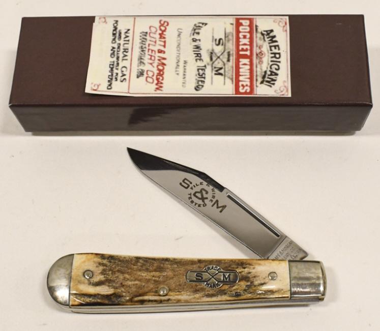 Queen Cutlery Schatt & Morgan F&W Folding Knife: Queen Cutlery Schatt & Morgan File & Wire single blade stag folding knife with box. Nice condition with light wear from use and storage. When closed it measures approximately 4-1/8" across.