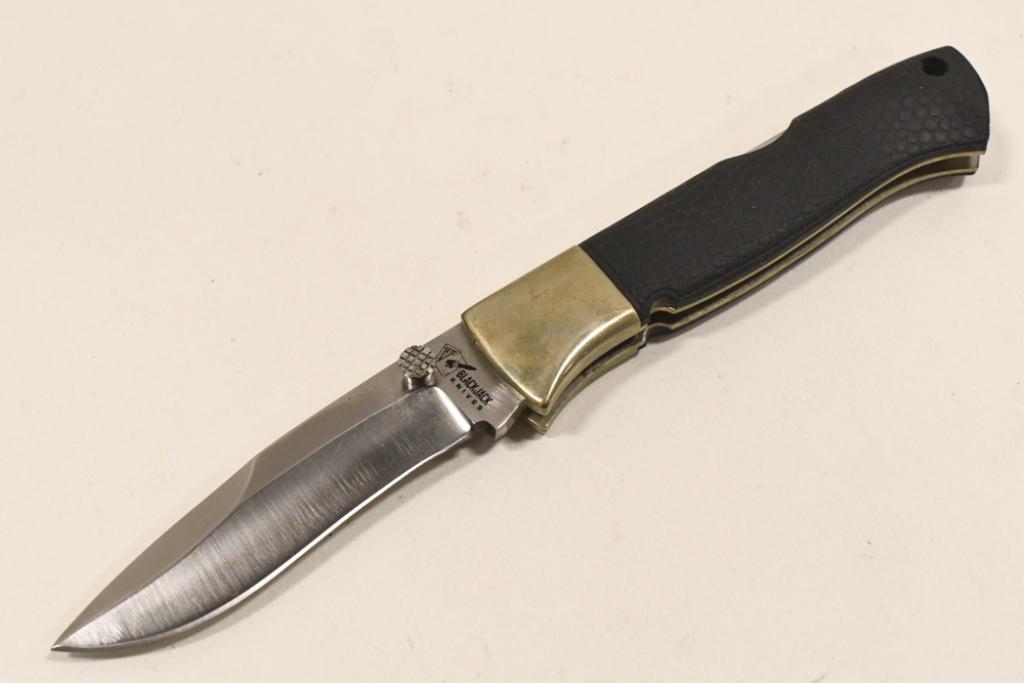 Blackjack Knives Mamba Lock Back Folding Knife: Blackjack Knives Mamba lock back style folding knife. Knife appears to be in good condition with some discoloration and wear from use and age. When closed it measures approximately 4-3/8" across.