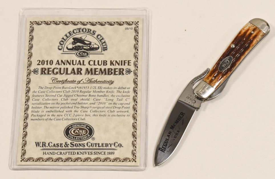 2010 Case XX Regular Memeber Club Folding Knife: 2010 Case XX Drop Point RussLock model 619531/2L Regular Member Club folding knife. Knife appears to be in nice condition with some light wear fromuse and storage. When closed it measures approximatel