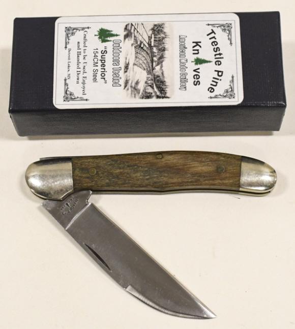 Trestle Pine Knives " Superior " Folding Knife: Trestle Pine Knives "Superior" folding knife in box. Knife appears to be in nice condition with light wear from use and storage. When closed it measures approximately 3-3/4" across.