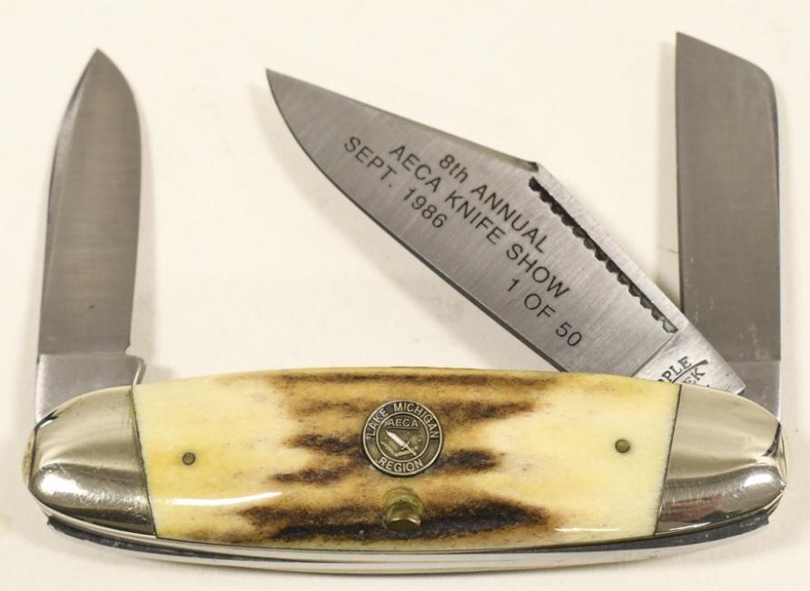 1986 Cripple Creek AECA Knife Show Folding Knife: 1986 AECA Knife Show limited edition 1 of 50 3-blade stag handle folding knife by Cripple Creek. Knife appears to be in overall nice condition with some wear from use, age, and storage. When closed it