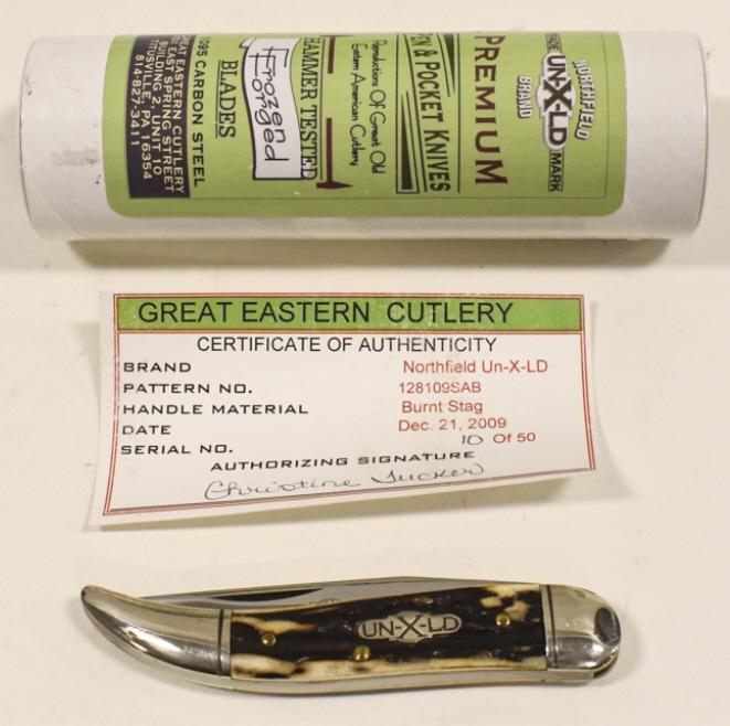 Great Eastern Northfield UN-X-LD Folding Knife: Great Eastern Cutlery Northfield UN-X-LD brand folding knife with stag handle and tube. Appears to be in nice condition with some wear from use, age, and storage. When closed it measures approximately