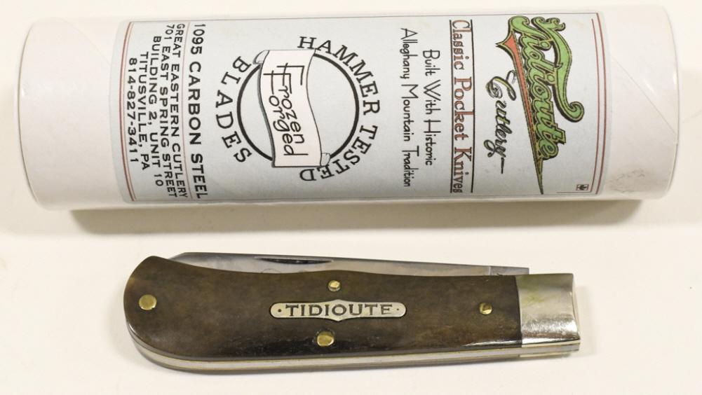 Great Eastern Cutlery Tidioute Folding Knife: Great Eastern Cutlery Tidioute Beaver Tail folding knife with tube. Appears to be in nice condition with some wear from use, age, and storage. When closed it measures approximately 3-3/4" across.