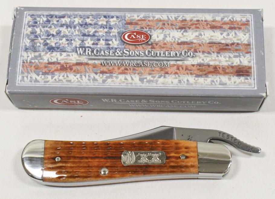 Case XX Russlock 61953L Folding Knife w/ Box: Case XX Russlock model no. 61953L folding knife with Autumn Harvest bone handle and box. Knife appears to be in very nice condition with light wear from storage and display. When closed it measures ap