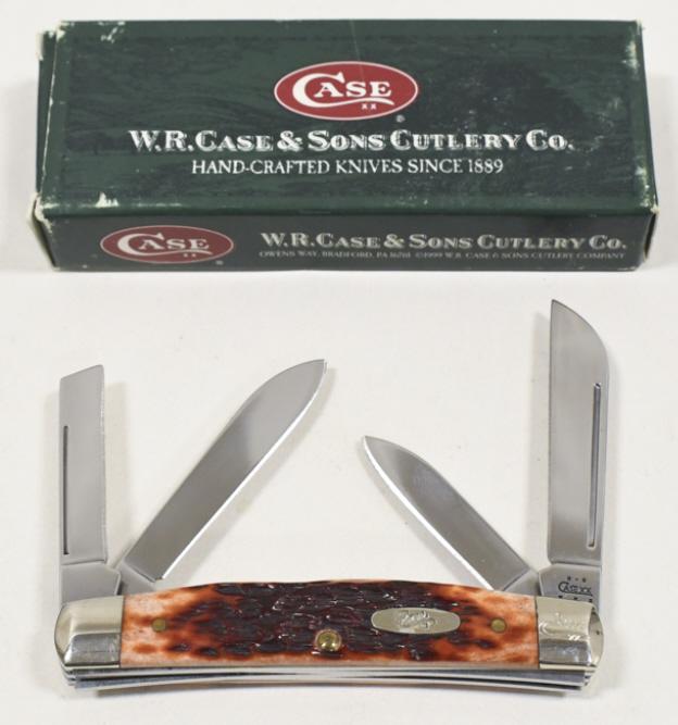 Case XX Congress 64052 Folding Knife w/ Box: Case XX Congress model no.64052 folding knife with red bone handle and box. Knife appears to be in very nice condition with light wear from display and storage. When closed it measures approximately 3