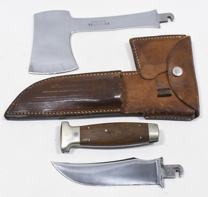 1932-1940 Case XX Hatchet / Knife Combo Set: 1932-1940 Case XX hatchet and knife combo set with original leather sheath. Set appears to be in overall good condition. Hatchet does have some nicks on the blade edge, and both blades appear to have