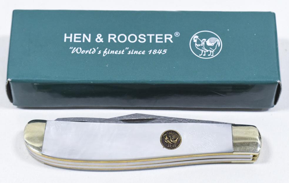 Hen & Rooster 412 Damascus 2-Blade Folding Knife: Hen & Rooster model 412 MOP/DM 2-blade folding knife with damascus blades. Knife appears to be in nice condition with some wear from storage and display. When closed it measures approximately 3-7/8" a