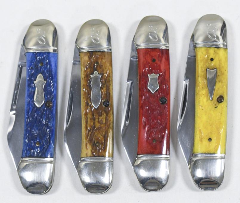 1997 Case XX Family Tree Canoe Knife Set: 1997 Case XX Family Tree canoe knife 4 folding knife set. Each knife is marked with a different brand. Brands include C. Platt's Sons, Kinfolks, Crandall, and Standard Knife Co. All four appear to be