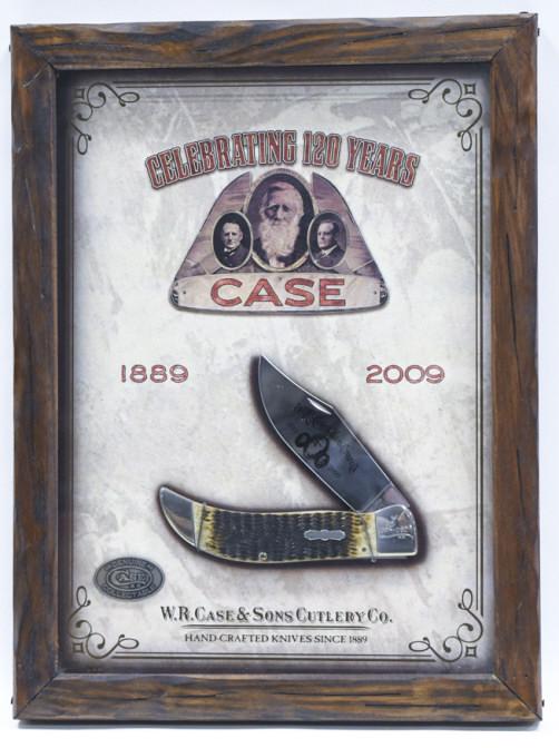 2009 Case XX 120th Anniv. Clasp Knife Display: 2009 Case XX 120th Anniversary The Rogers Jigged Dark Molasses Bone Clasp style folding knife in original limited edition dealer store display frame. Display is in nice condition with some wear from d