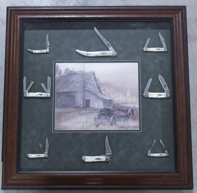 Case XX 8-Piece Appaloosa Bone Folding Knife Set: Unique hard to find Case XX framed 8-pice Appaloosabone folding knife set. Knives all appear to be in very nice condition with light wear from storage and display. They all display very well framed be