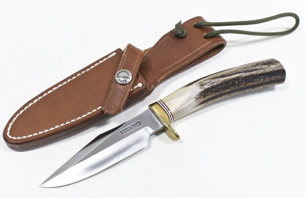 Randall Made Model 8 Trout Bird Fixed Blade Knife: Randall Made fixed blade model 8 Trout & Bird knife with leather sheath. Appears to be in nice condition with some wear from use and storage. Blade has " L.J. Underly" engraved on it. Includes Randall