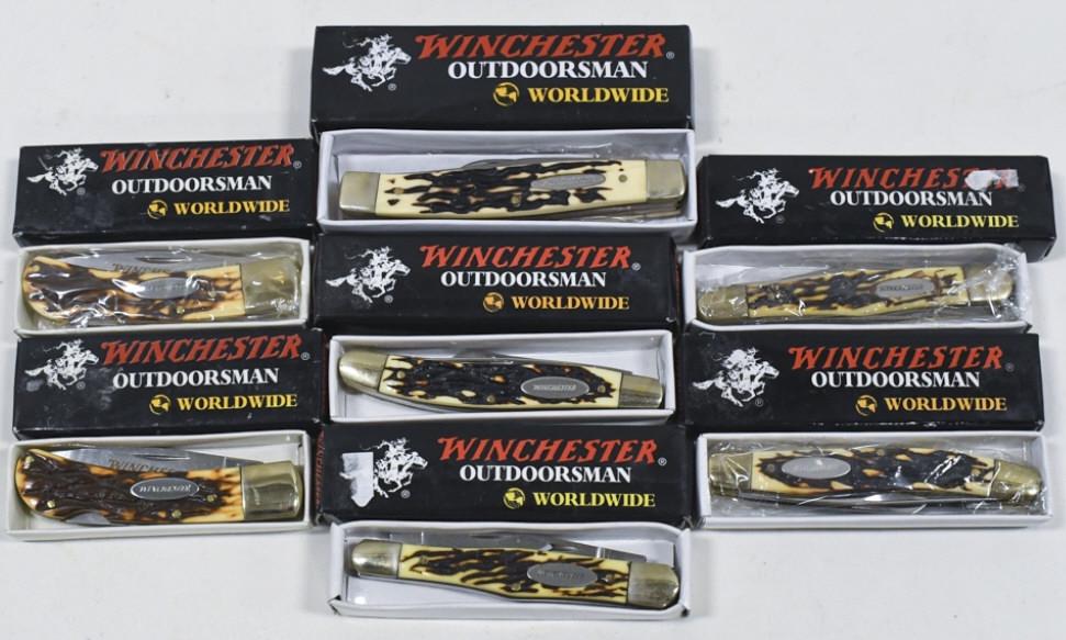 Lot Of 7 Winchester Folding Knives w/ Boxes: Lot of seven Winchester folding knives in boxes. Lot includes (2) 3" Lockback, (2) Whittler, (1) large Stockman, and (2) small Stockman folding knives. They all appear top be in nice condition with li